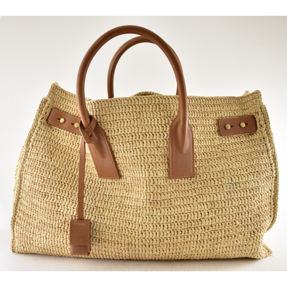 Saint Laurent Medium Sac De Jour Raffia Beige Brown Shoulder Top Handle Tote Bag - Picture 2 of 16